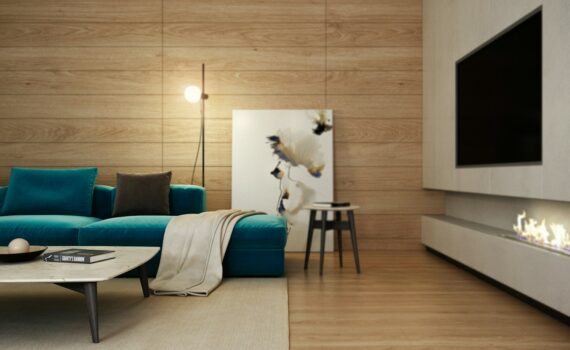 blue and white padded sofa